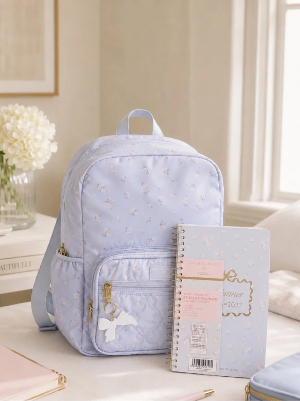 Light Blue Floral Backpack for Women